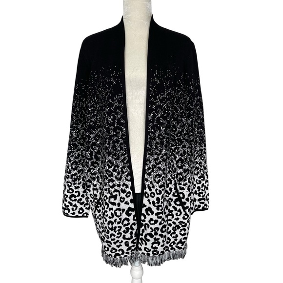 Chico's Manhattan Ombré Cheetah Fringe Jacket Women’s Size 2 Regular Size L-12 - Picture 1 of 9